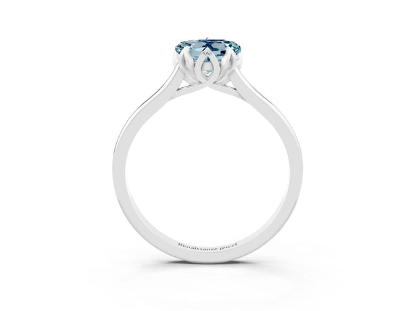 Silver Heart Cut Aquamarine Solitaire Ring with Flower Prong Setting and Classic Band
