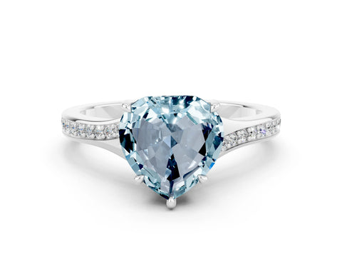 Silver Heart Cut Aquamarine Solitaire Ring with Pavé Band and Prong Setting_12