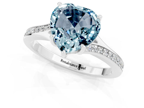 Silver Heart Cut Aquamarine Solitaire Ring with Pavé Band and Prong Setting_13