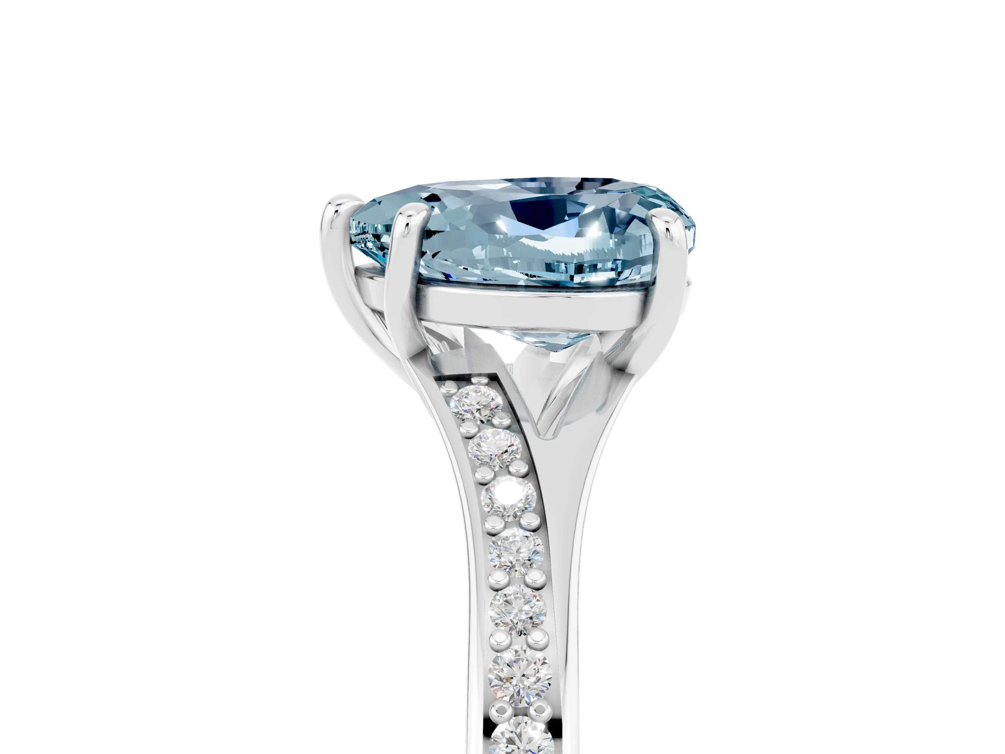 Silver Heart Cut Aquamarine Solitaire Ring with Pavé Band and Prong Setting_17