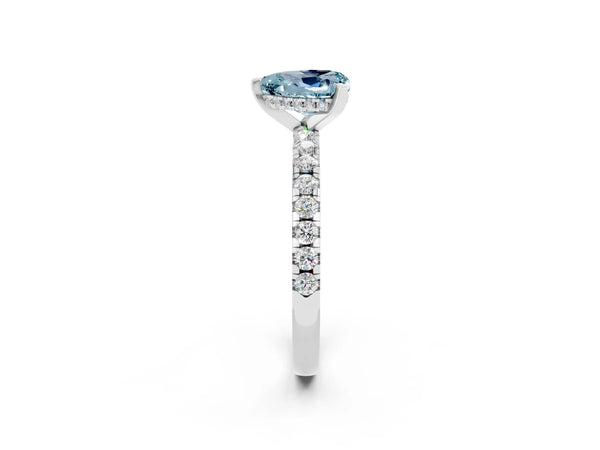 Silver Heart Cut Aquamarine Solitaire Ring with Round Pavé Band and Four-Prong Setting