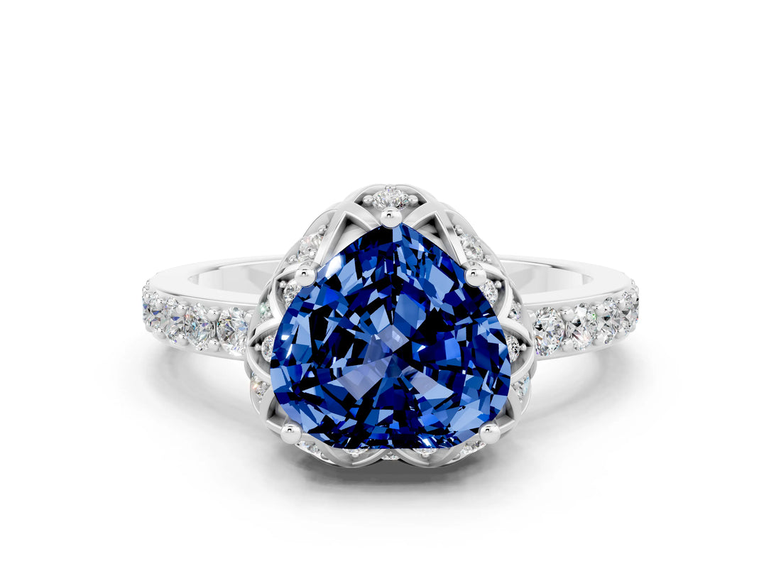Silver Heart Cut Blue Sapphire Scalloped Halo Engagement Ring with Round Shared Prong Band_60