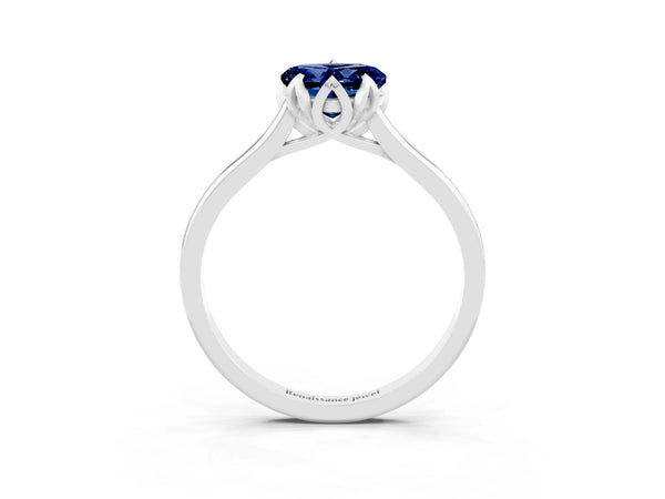 Silver Heart Cut Blue Sapphire Solitaire Ring with Flower Prong Setting and Classic Band