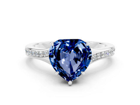 Silver Heart Cut Blue Sapphire Solitaire Ring with Pavé Band and Prong Setting_12