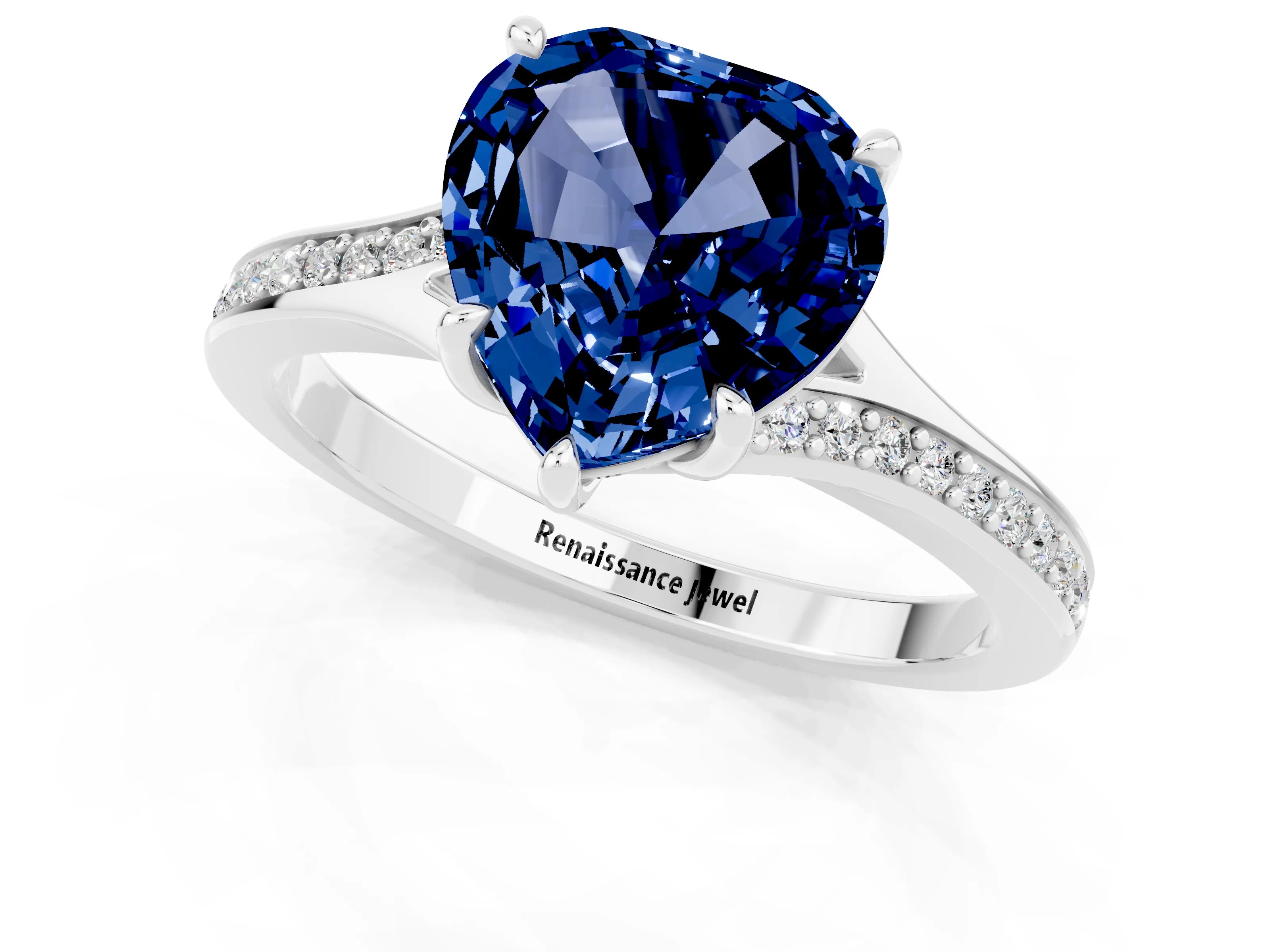 Silver Heart Cut Blue Sapphire Solitaire Ring with Pavé Band and Prong Setting_13