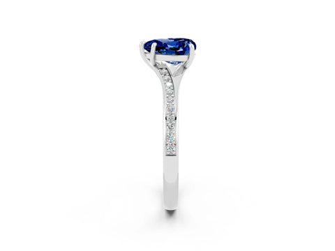 Silver Heart Cut Blue Sapphire Solitaire Ring with Pavé Band and Prong Setting_14
