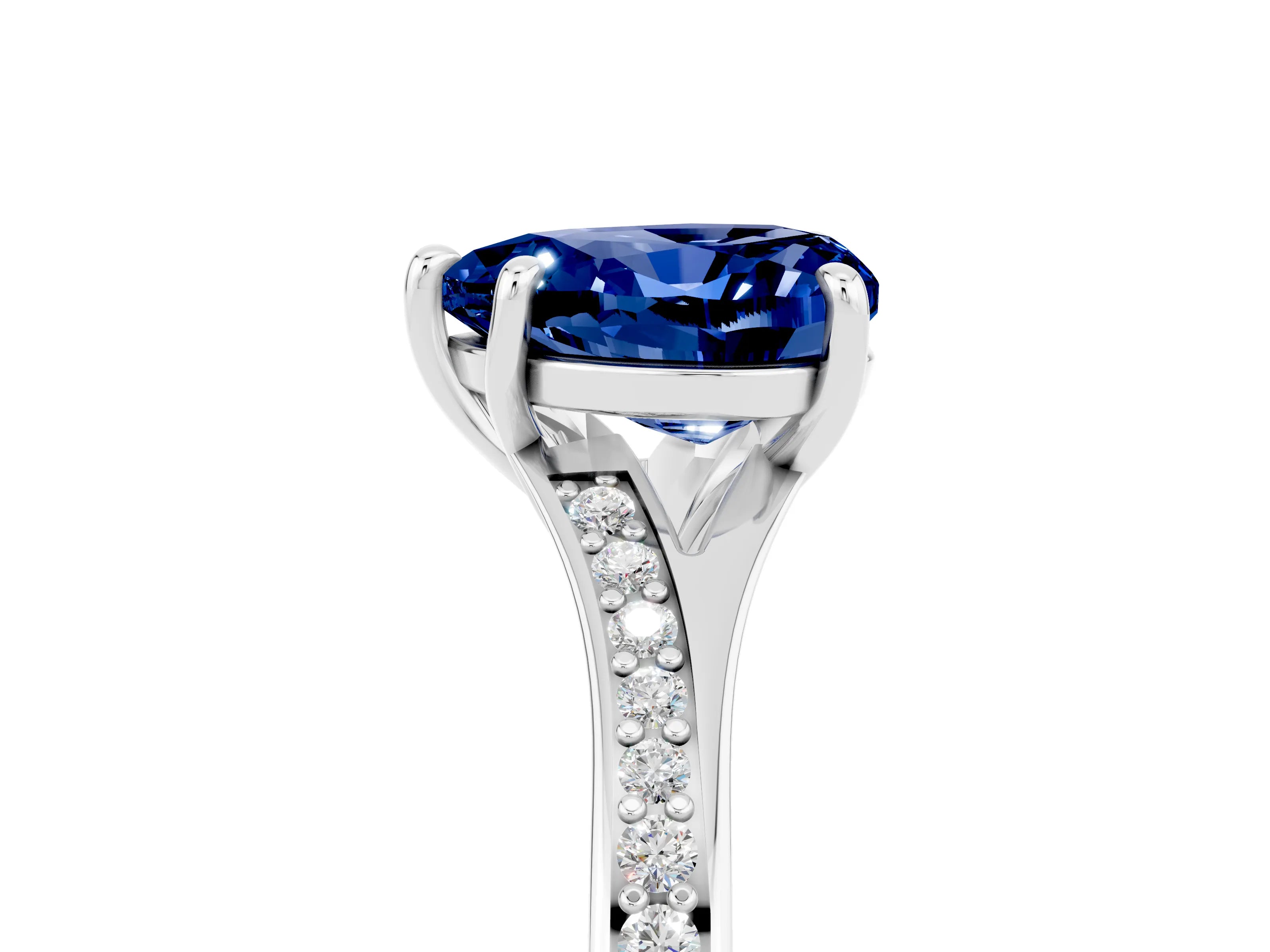 Silver Heart Cut Blue Sapphire Solitaire Ring with Pavé Band and Prong Setting_17
