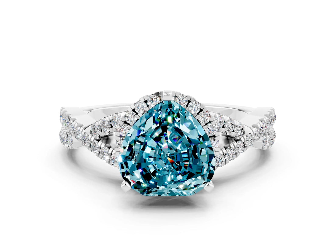 Silver Heart Cut Blue Topaz  Halo Twist Band Solitaire Prong Setting Ring_12