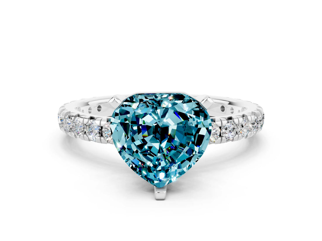 Silver Heart Cut Blue Topaz Pavé Solitaire Ring with Round Band and Prong Setting_42