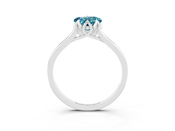 Silver Heart Cut Blue Topaz Solitaire Ring with Flower Prong Setting and Classic Band