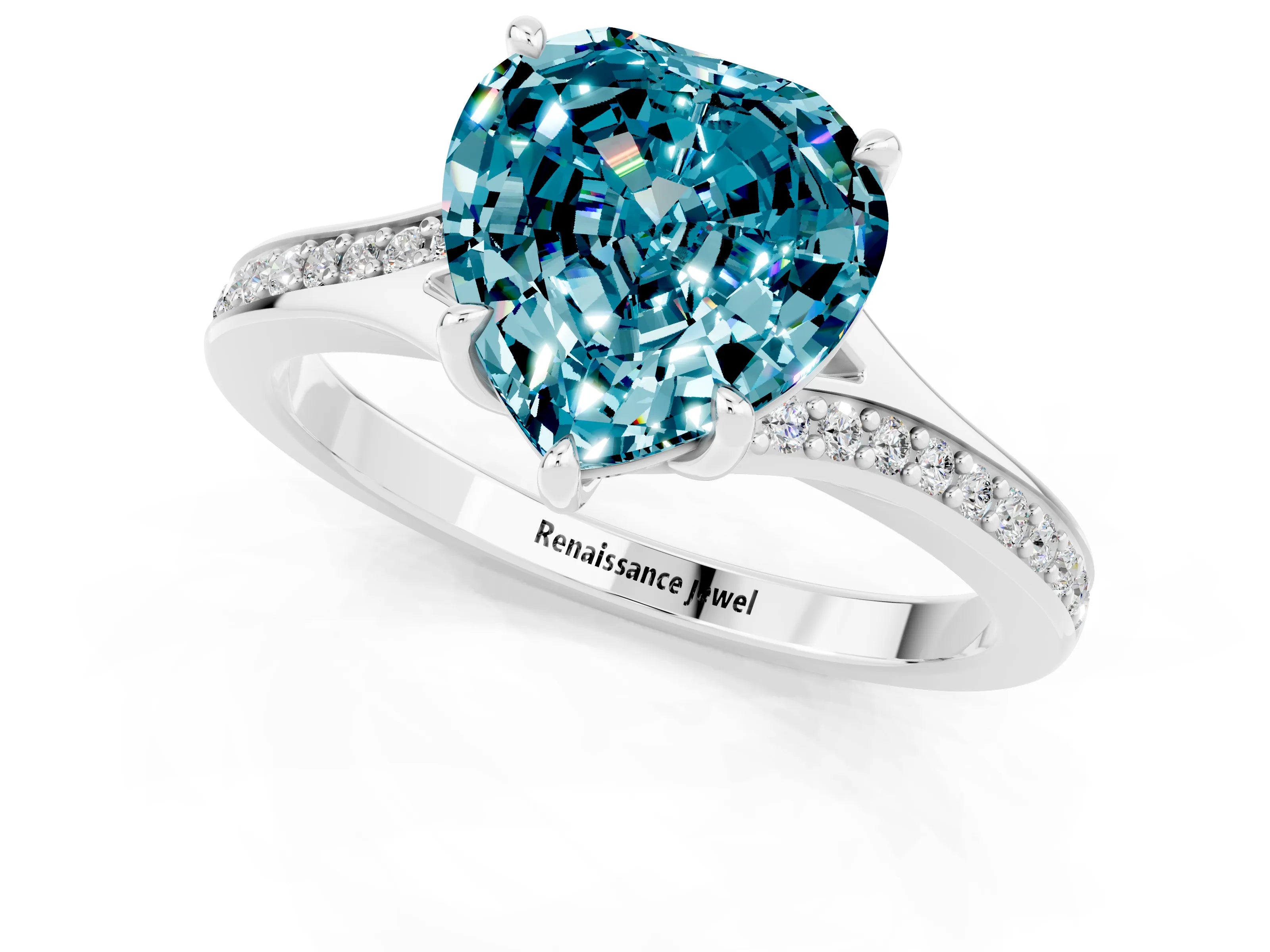 Silver Heart Cut Blue Topaz Solitaire Ring with Pavé Band and Prong Setting_13