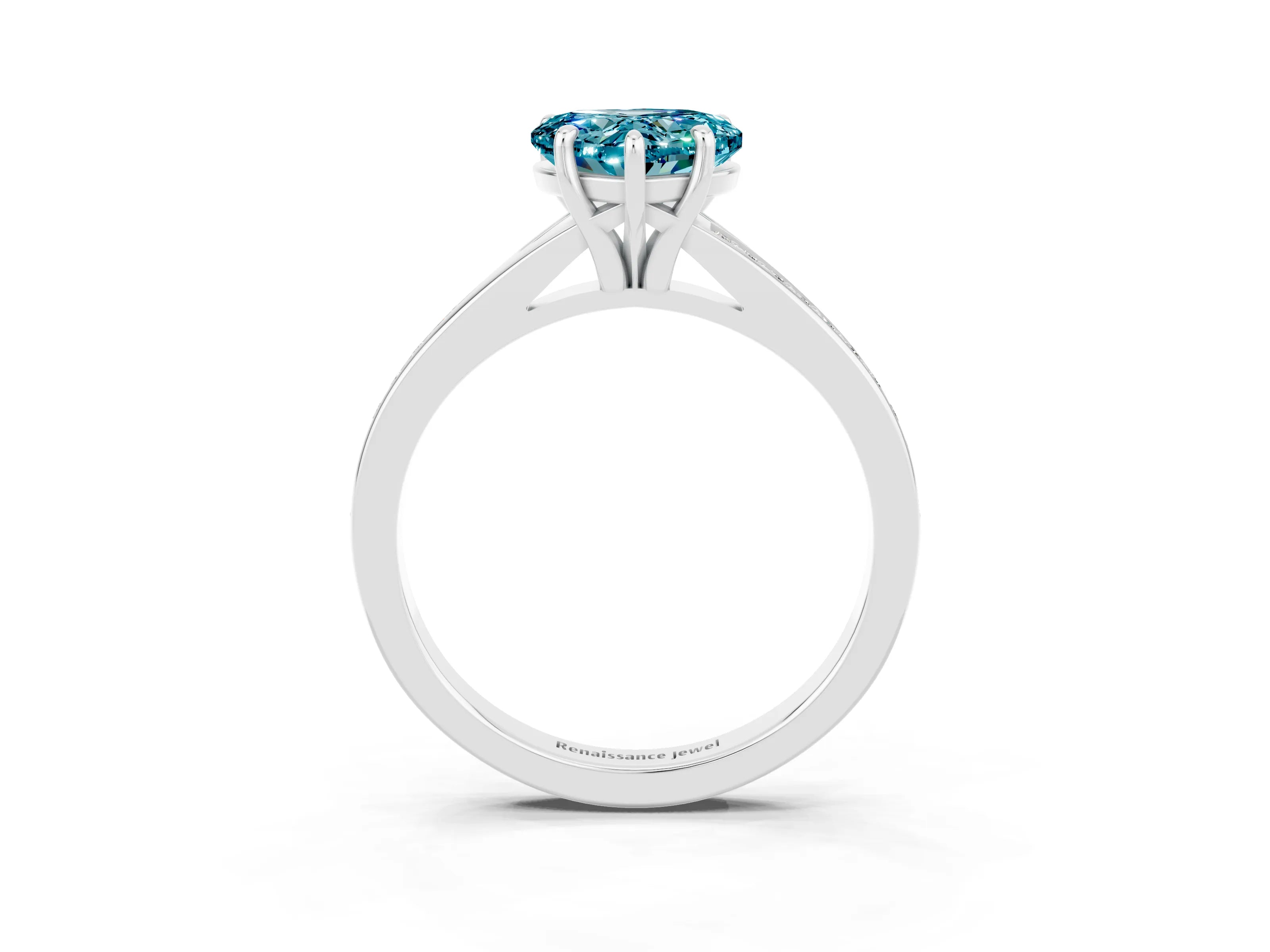 Silver Heart Cut Blue Topaz Solitaire Ring with Pavé Band and Prong Setting_15