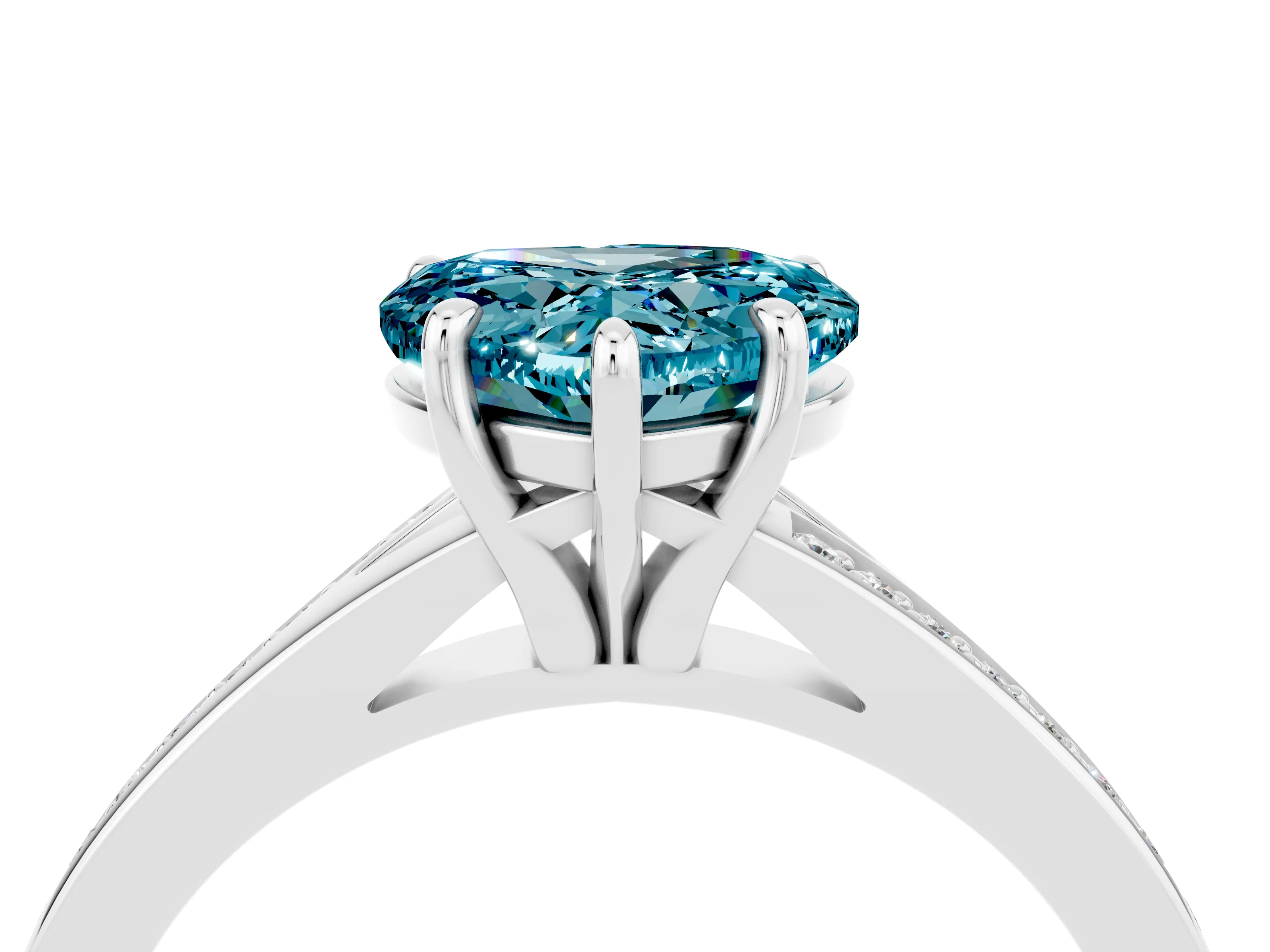 Silver Heart Cut Blue Topaz Solitaire Ring with Pavé Band and Prong Setting_16