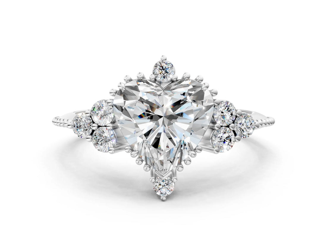 Silver Heart Cut Brilliant Diamond with Cluster Setting on a Beaded Band and Four-Prong Setting_7