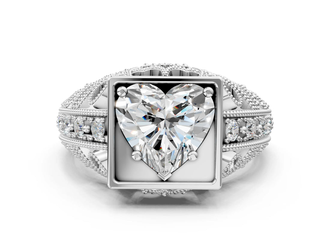 Silver Heart Cut Brilliant Milgrain Filigree Diamond Ring with Square Prong Setting_13