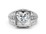 Silver Heart Cut Brilliant Milgrain Filigree Diamond Ring with Square Prong Setting_13