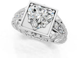 Silver Heart Cut Brilliant Milgrain Filigree Diamond Ring with Square Prong Setting_14