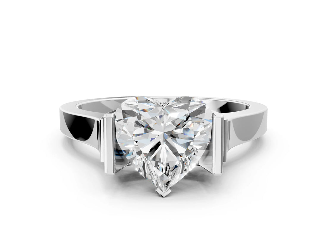 Silver Heart Cut Brilliant Solitaire Diamond Ring with Channel Set Band and Bar Prong Setting_48