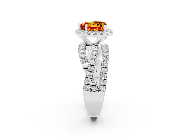 Silver Heart Cut Citrine Halo Ring with Round Split Shank and Prong Setting