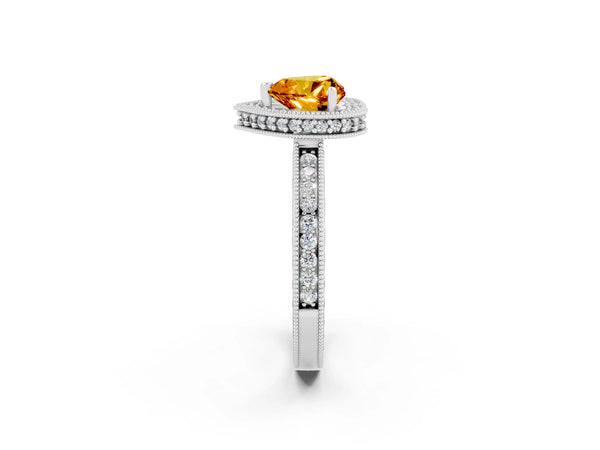 Silver Heart Cut Citrine Milgrain Halo Engagement Ring with Round Pavé Band and Prong Setting
