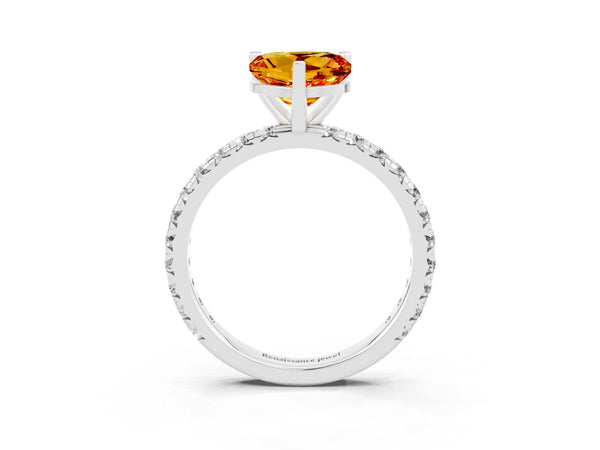 Silver Heart Cut Citrine Pavé Solitaire Ring with Round Band and Prong Setting
