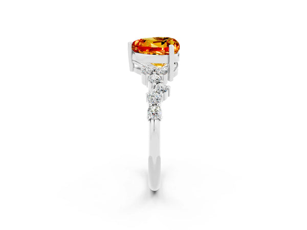 Silver Heart Cut Citrine Scattered Round Accent Ring with Prong Setting