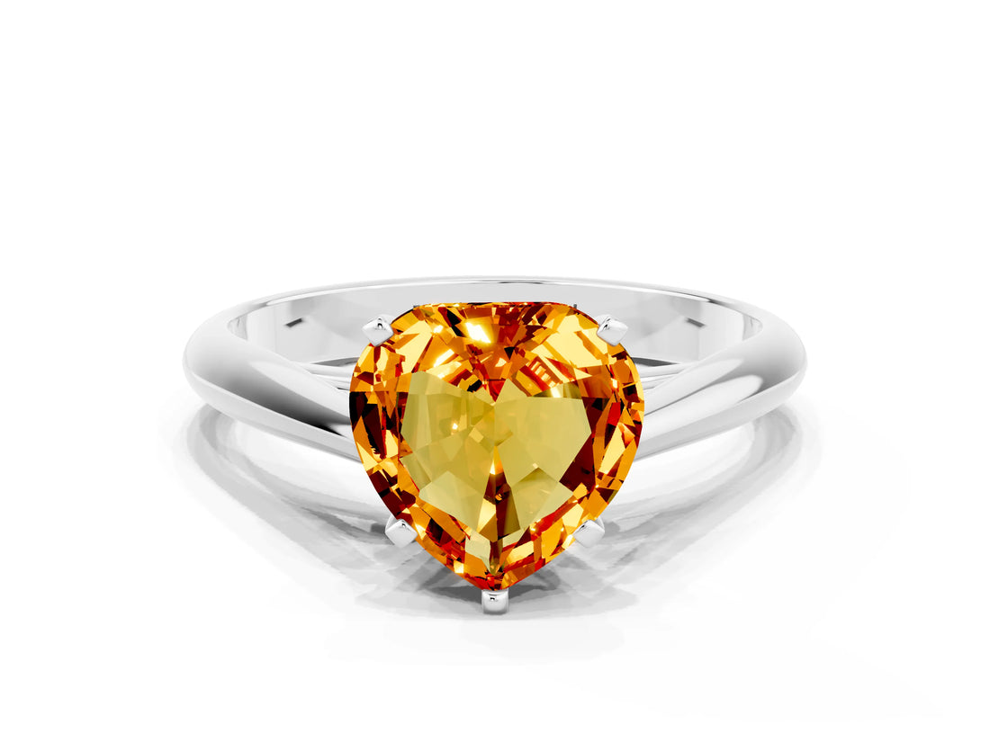Silver Heart Cut Citrine Solitaire Engagement Ring with Cathedral Setting and Four-Prong Mount
