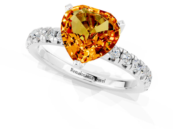 Silver Heart Cut Citrine Solitaire Pavé Engagement Ring with Round Band and Prong Setting