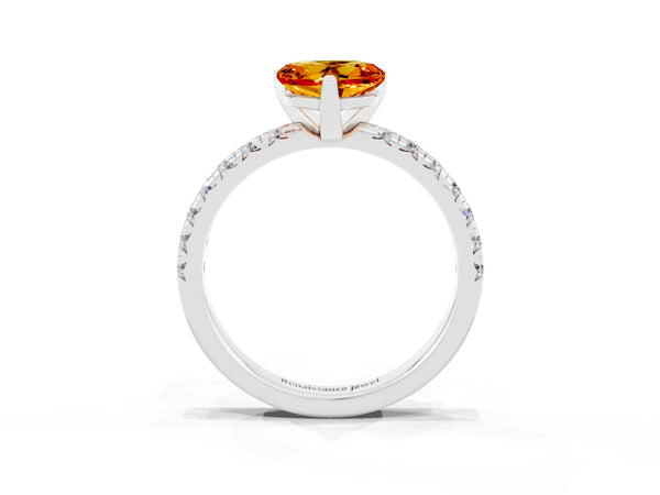 Silver Heart Cut Citrine Solitaire Pavé Engagement Ring with Round Band and Prong Setting