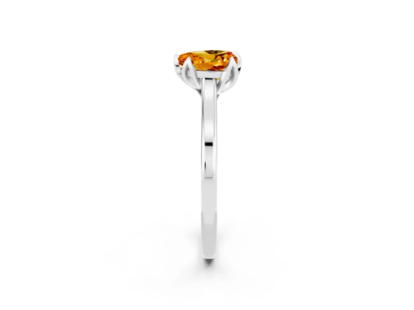 Silver Heart Cut Citrine Solitaire Ring with Flower Prong Setting and Classic Band