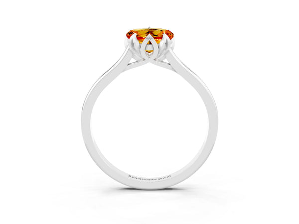 Silver Heart Cut Citrine Solitaire Ring with Flower Prong Setting and Classic Band