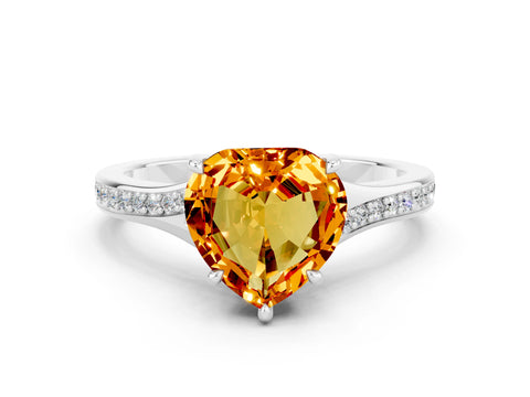 Silver Heart Cut Citrine Solitaire Ring with Pavé Band and Prong Setting_12