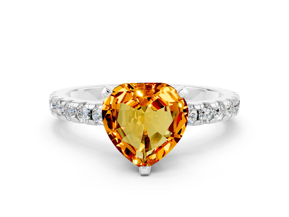 Silver Heart Cut Citrine Solitaire Ring with Round  Pavé Band and Four-Prong Setting_24