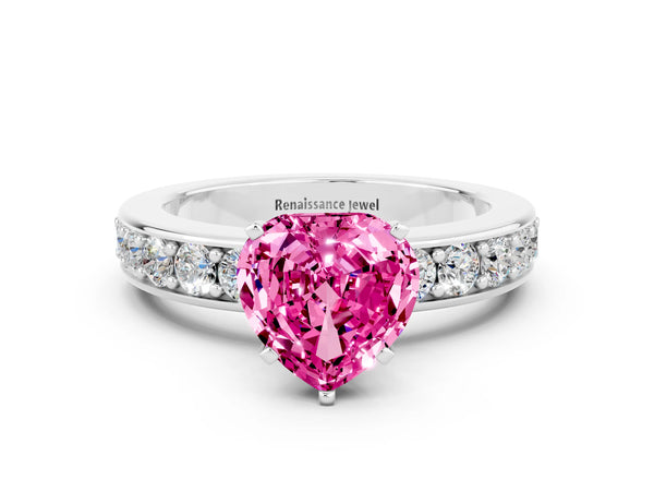 Silver Heart Cut Pink Sapphire Engagement Ring with Channel Set Round  Band and Prong Setting