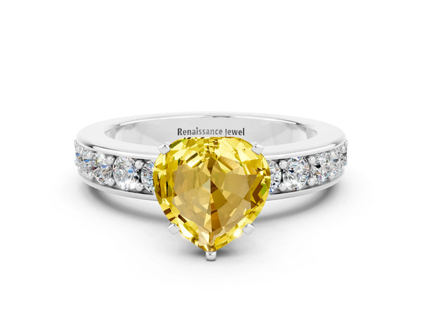 Silver Heart Cut Yellow Sapphire Engagement Ring with Channel Set Round  Band and Prong Setting