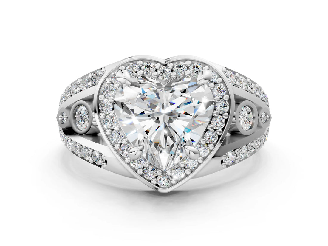 Silver Heart Cut Diamond Halo Ring with Split Shank and Bezel Accents and Four-Prong Setting_13