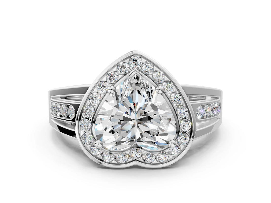 Silver Heart Cut Diamond Halo Ring with Split Shank and Bezel Accents and Prong Setting_13