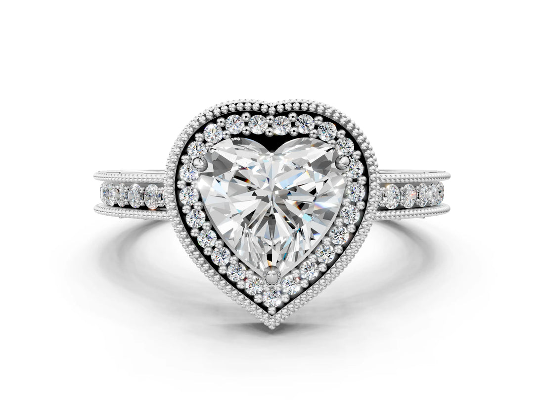 Silver Heart Cut Diamond Milgrain Halo Engagement Ring with Round Pavé Band and Prong Setting_27