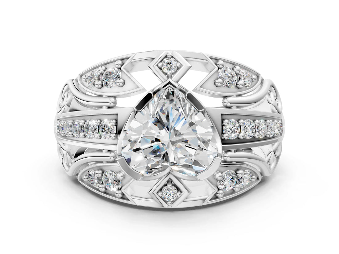 Silver Heart Cut Diamond Pave Art Deco Split Shank Ring with Four-Prong Setting_13