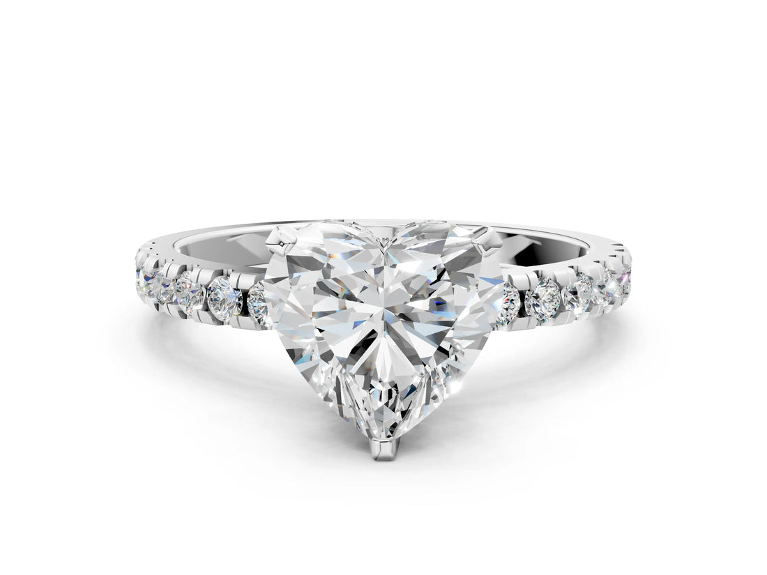 Silver Heart Cut Diamond Solitaire Ring with Round  Pavé Band and Four-Prong Setting_43