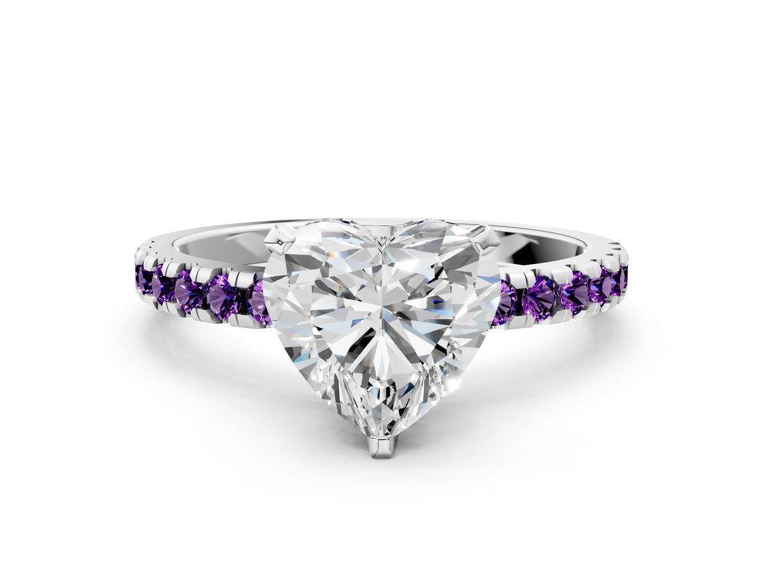 Silver Heart Cut Diamond Solitaire Ring with Round with Amethyst side stone Pavé Band and Four-Prong Setting_12