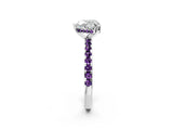 Silver Heart Cut Diamond Solitaire Ring with Round with Amethyst side stone Pavé Band and Four-Prong Setting_14