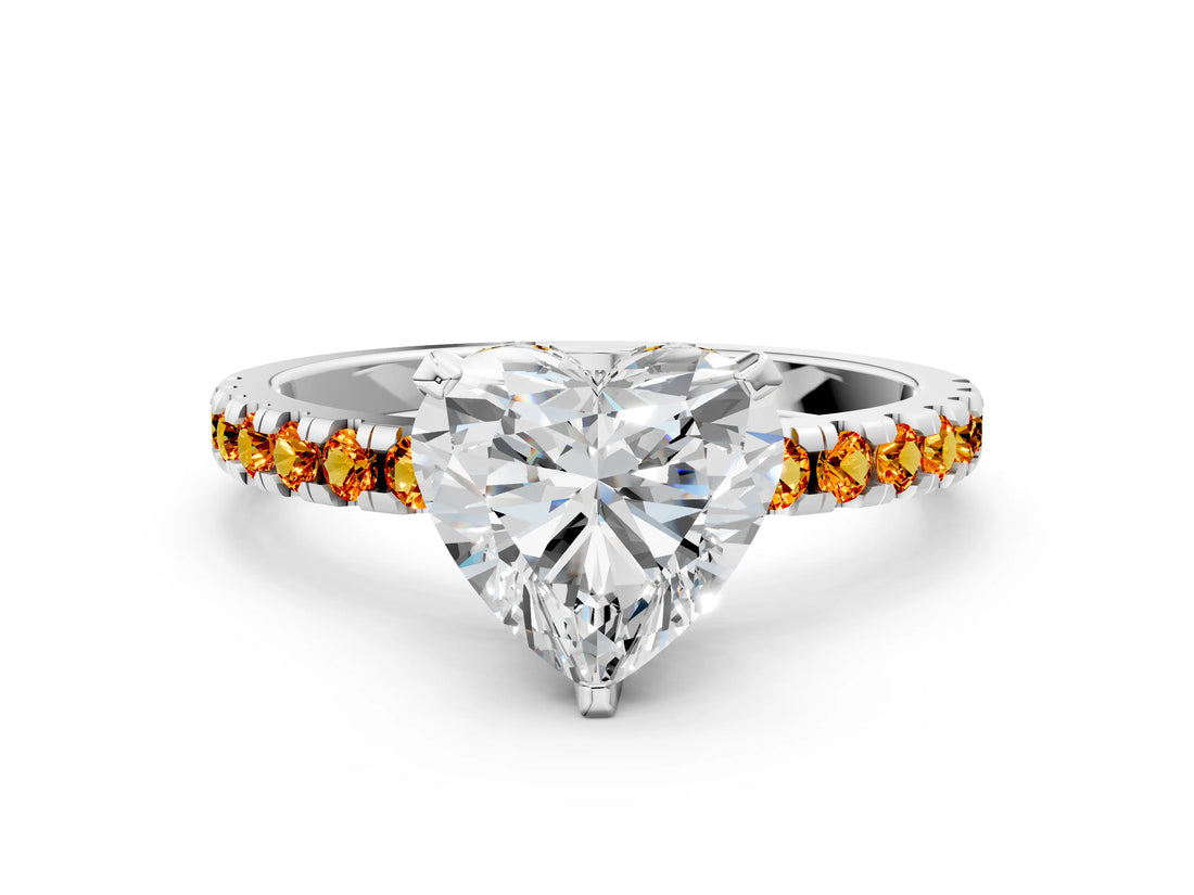 Silver Heart Cut Diamond Solitaire Ring with Round with Citrine side stone Pavé Band and Four-Prong Setting_12