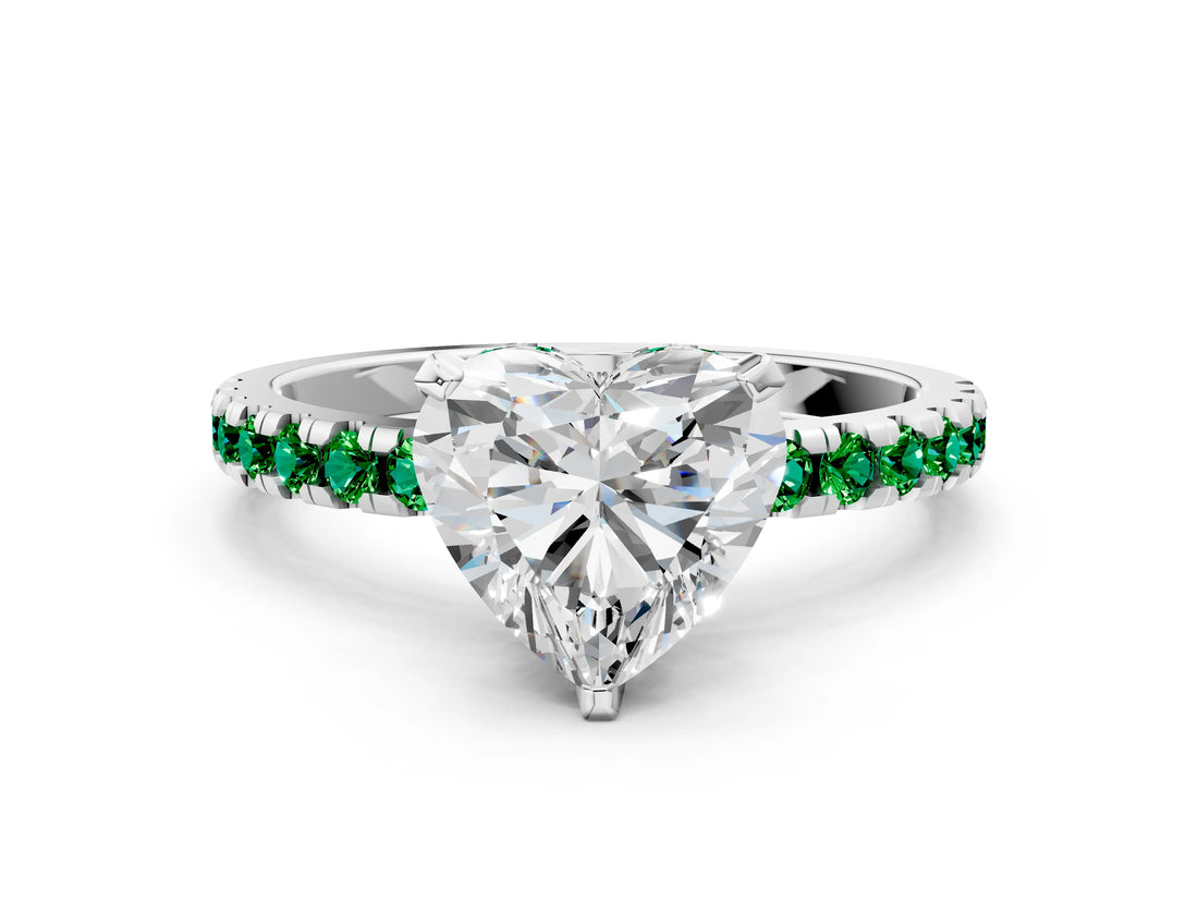 Silver Heart Cut Diamond Solitaire Ring with Round with Emerald side stone Pavé Band and Four-Prong Setting_12