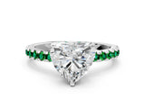 Silver Heart Cut Diamond Solitaire Ring with Round with Emerald side stone Pavé Band and Four-Prong Setting_12