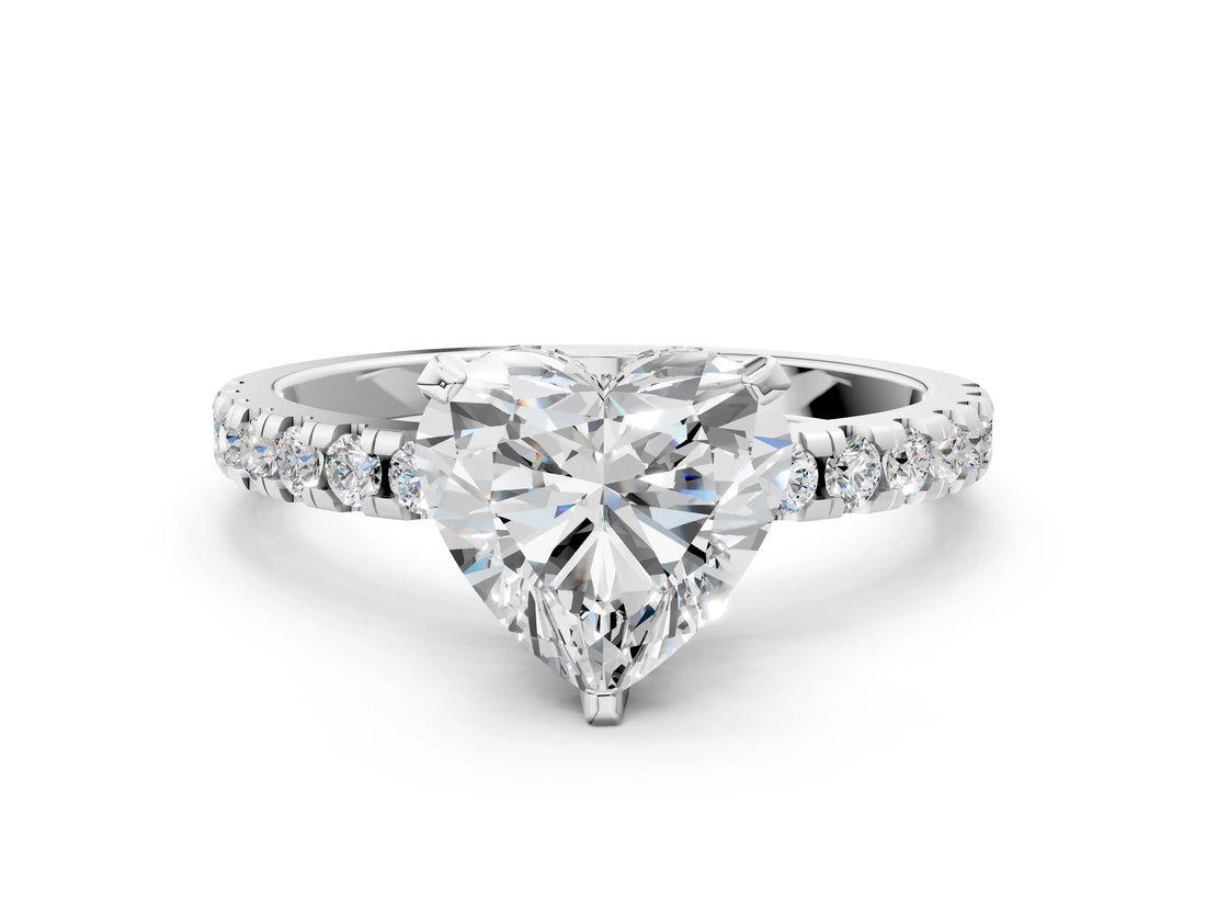 Silver Heart Cut Diamond Solitaire Ring with Round with Moissanite side stone Pavé Band and Four-Prong Setting_24