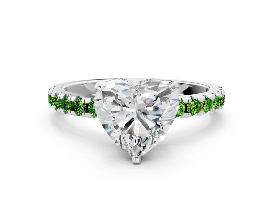 Silver Heart Cut Diamond Solitaire Ring with Round with Peridot side stone Pavé Band and Four-Prong Setting_12