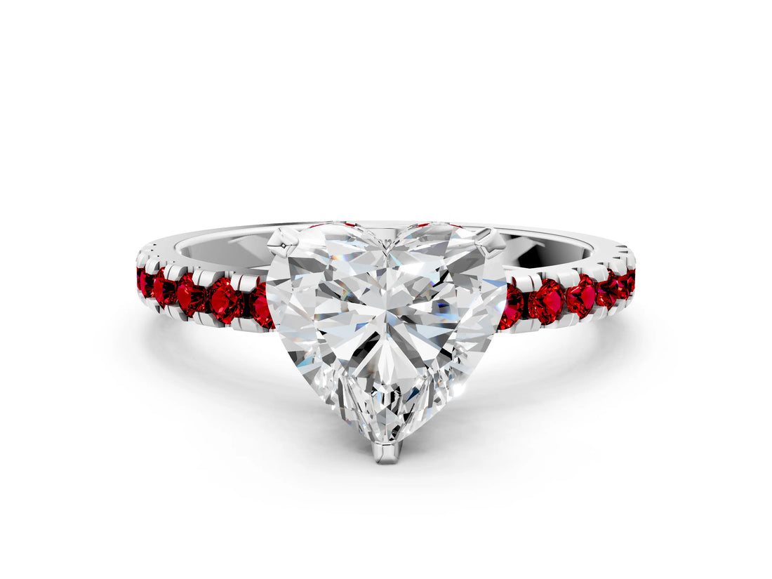 Silver Heart Cut Diamond Solitaire Ring with Round with Ruby side stone Pavé Band and Four-Prong Setting_12