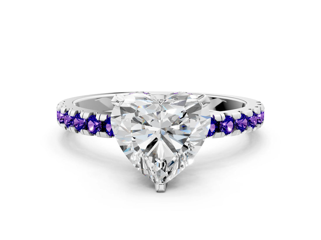 Silver Heart Cut Diamond Solitaire Ring with Round with Tanzanite side stone Pavé Band and Four-Prong Setting_18
