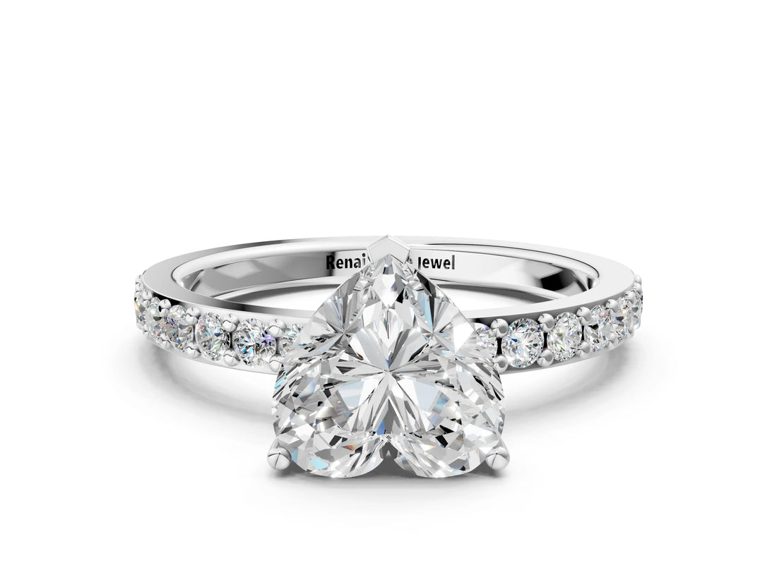 Silver Heart Cut Diamond Solitaire with Pave Band and Four-Prong Setting